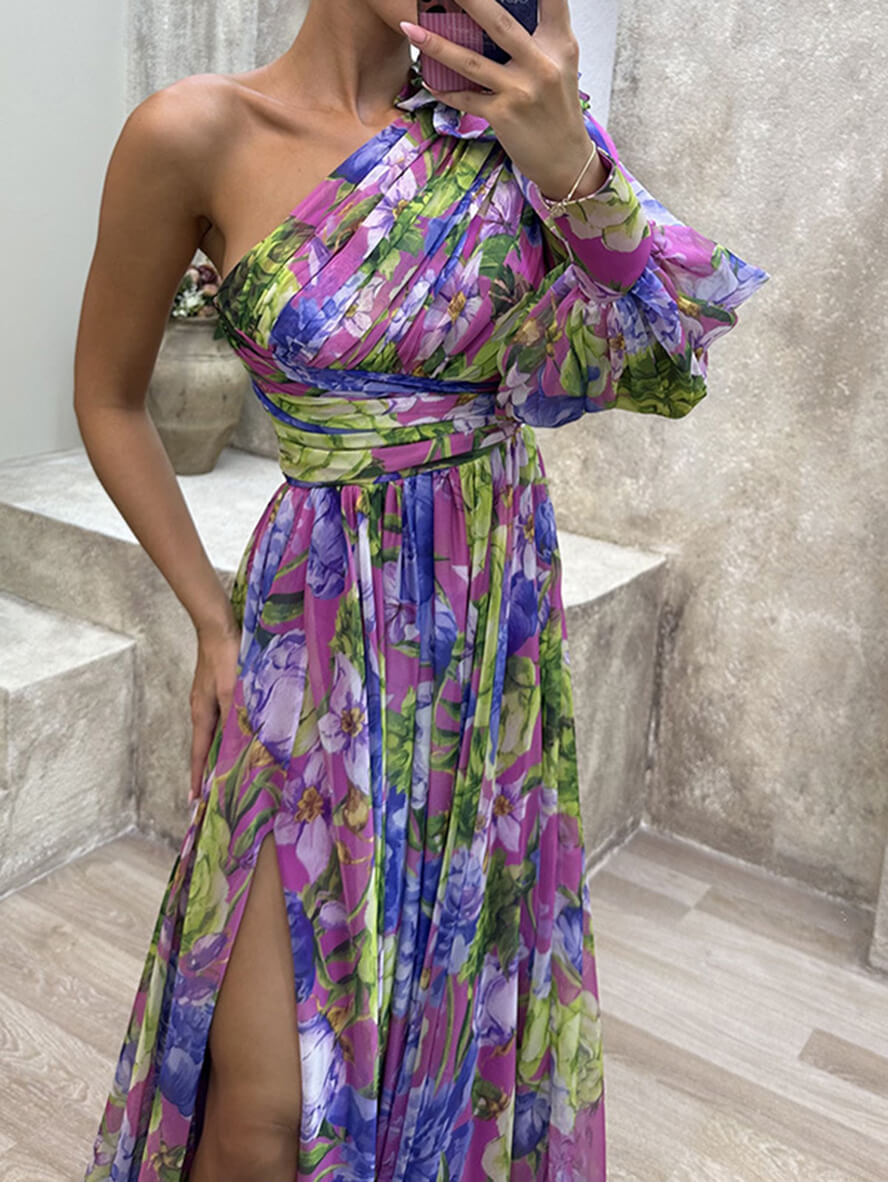 Abito da sera da donna Saniah - Elegante abito lungo floreale con spalle scoperte e spacco