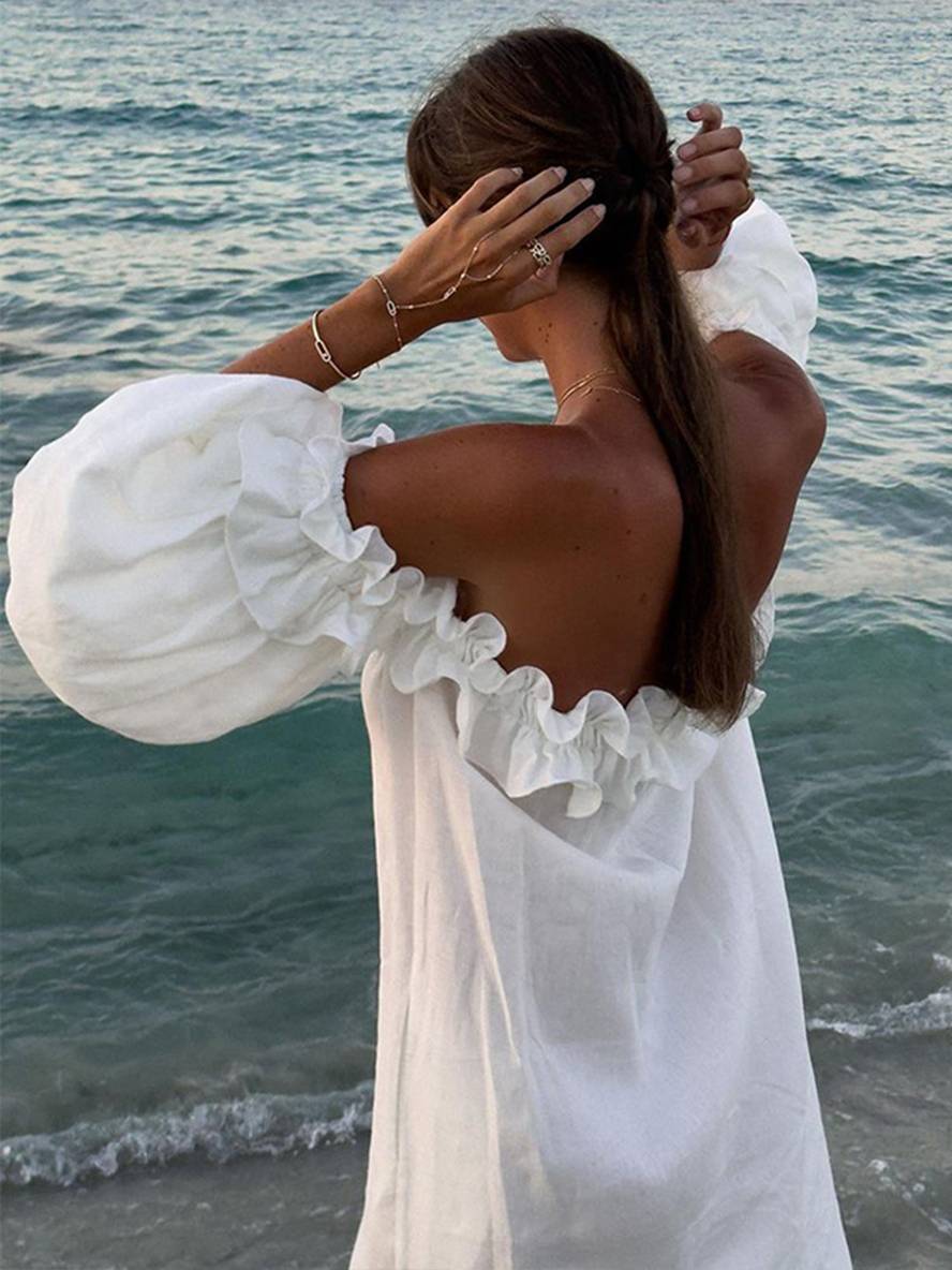 Abito da donna Kimberly - Abito lungo casual con scollo a barca, maniche a sbuffo e spacco laterale