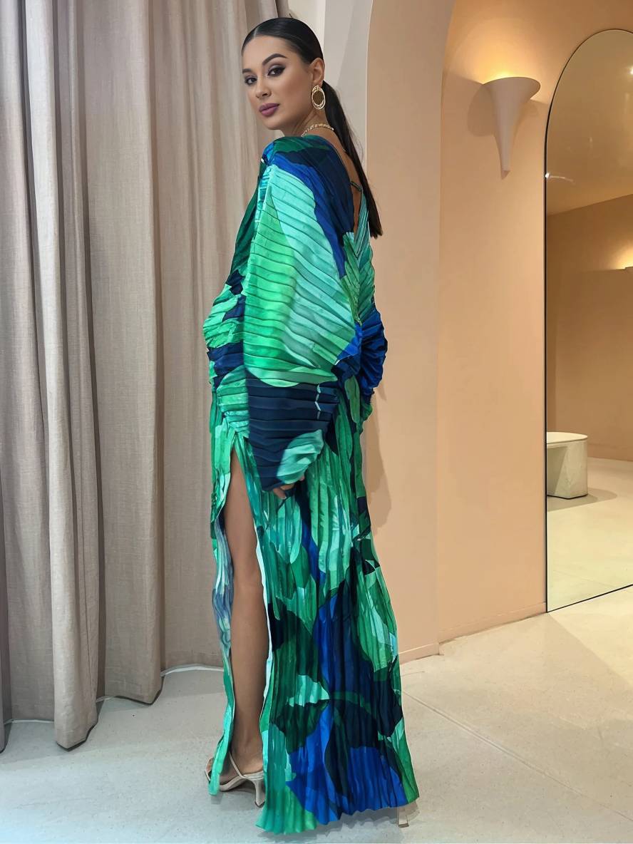 Abito da donna Jerica - Abito lungo tropicale ampio con maniche a pipistrello ed elegante spacco