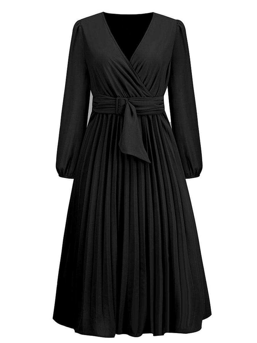 Abito da donna Shiela - Abito lungo a trapezio plissettato con cintura ed eleganti maniche lunghe