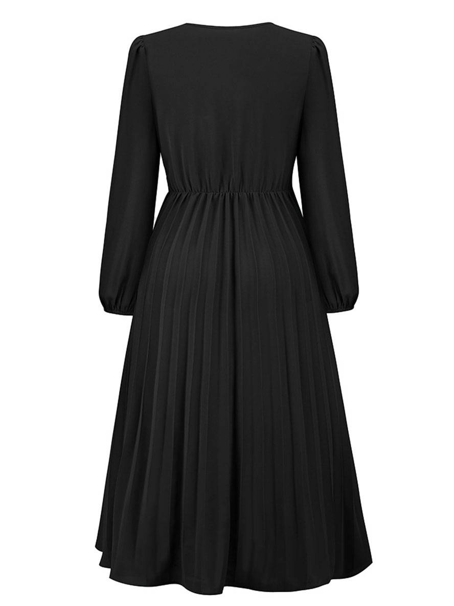 Abito da donna Shiela - Abito lungo a trapezio plissettato con cintura ed eleganti maniche lunghe