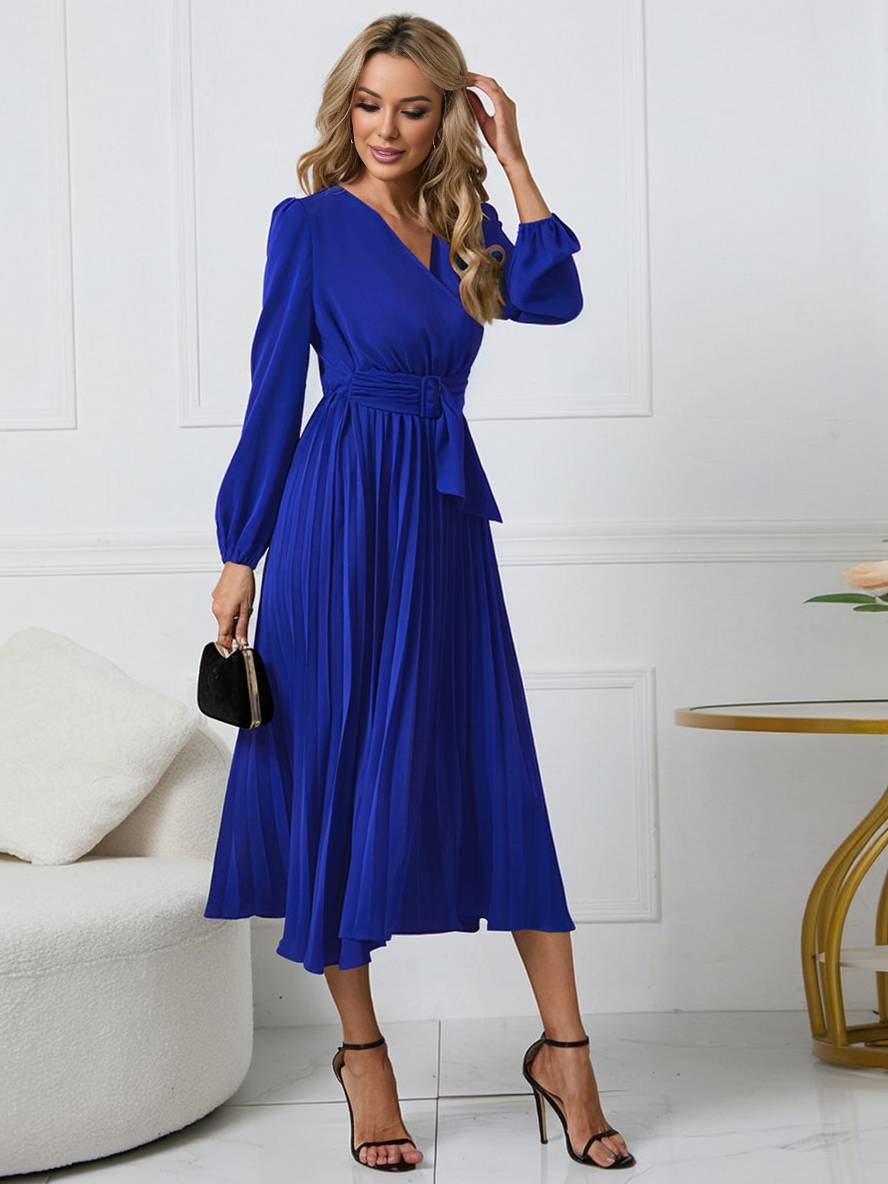 Abito da donna Shiela - Abito lungo a trapezio plissettato con cintura ed eleganti maniche lunghe