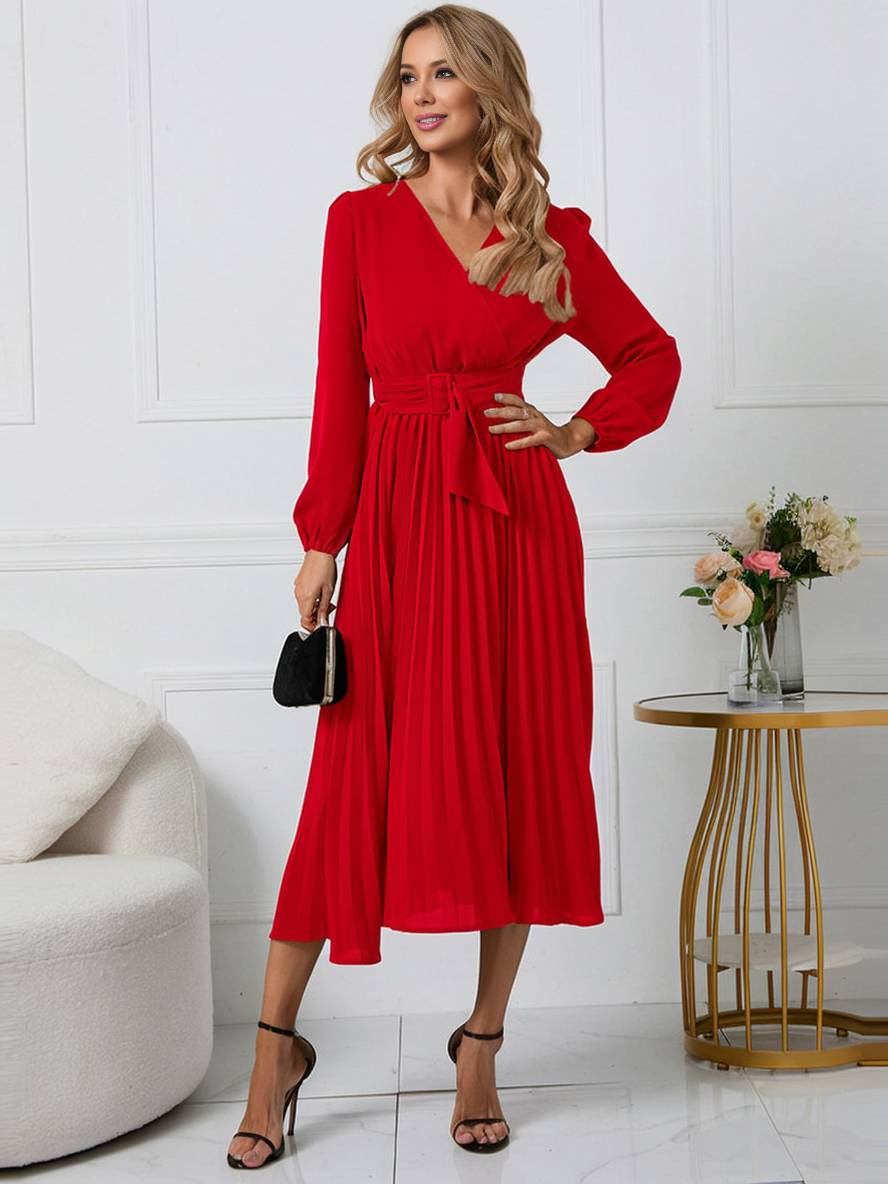 Abito da donna Shiela - Abito lungo a trapezio plissettato con cintura ed eleganti maniche lunghe