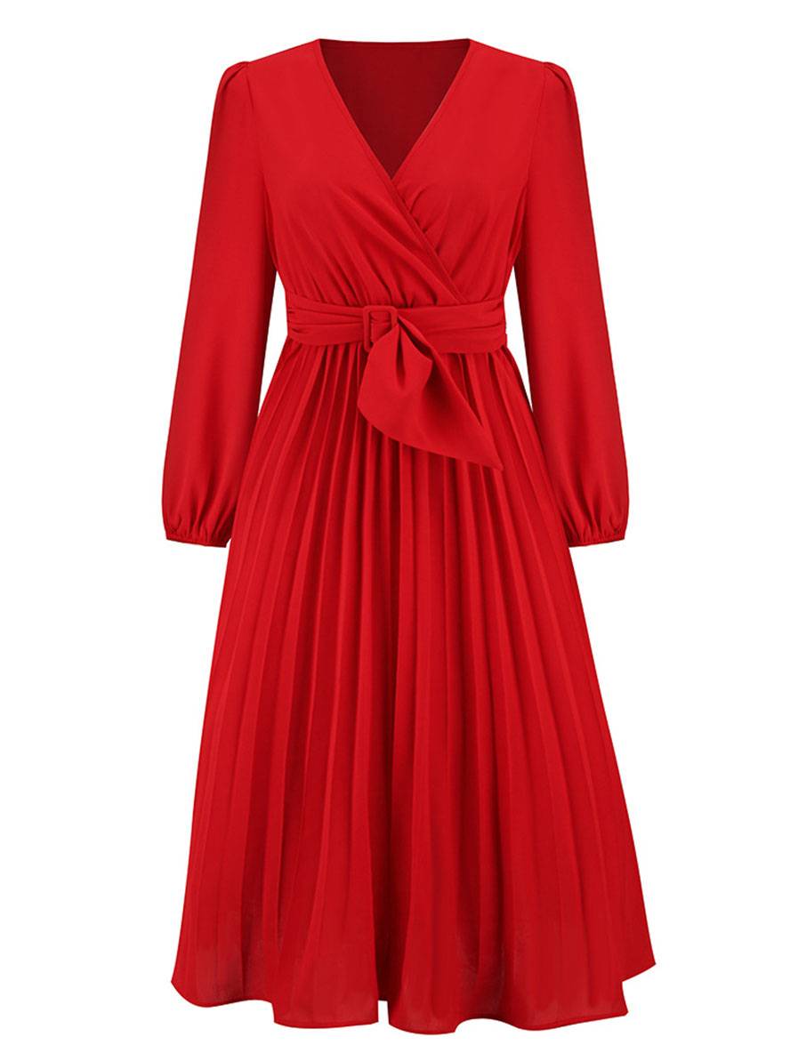 Abito da donna Shiela - Abito lungo a trapezio plissettato con cintura ed eleganti maniche lunghe