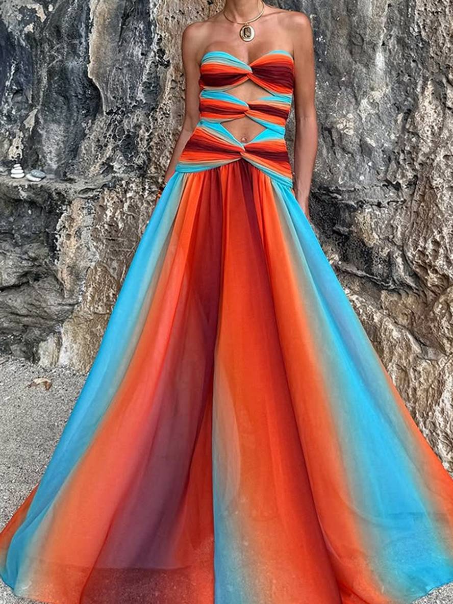 Abito lungo da donna Janica - Elegante e estivo, bustier senza maniche in chiffon sfumato