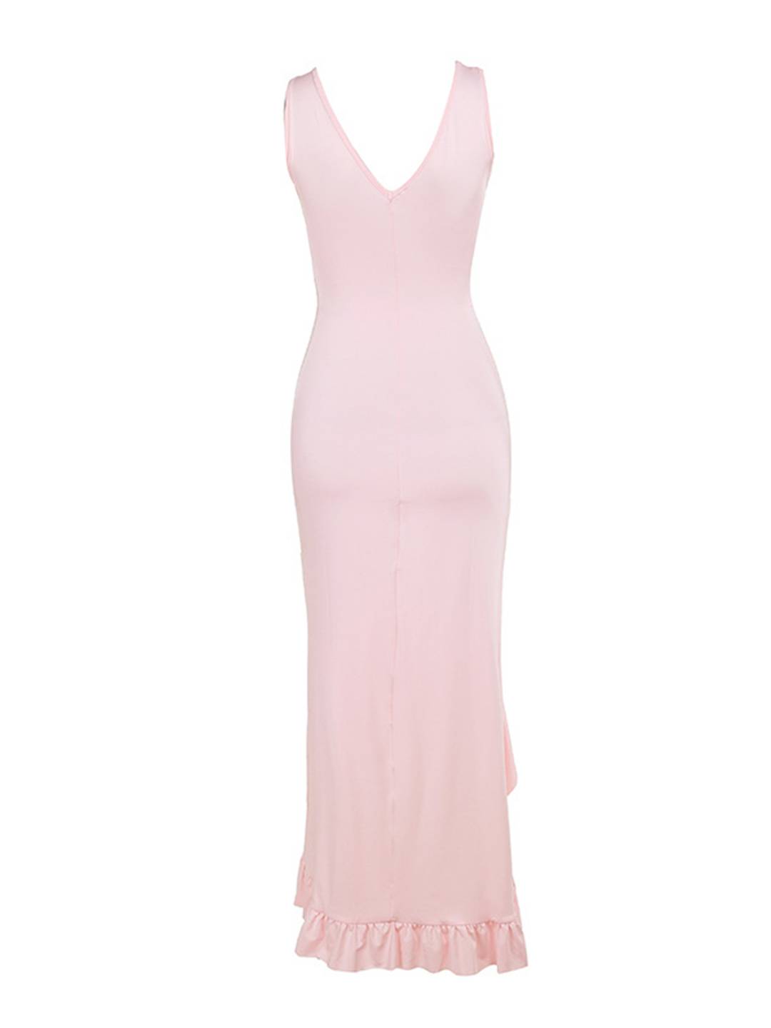 Abito lungo da donna Denise - Elegante abito aderente senza maniche con volant e spacco