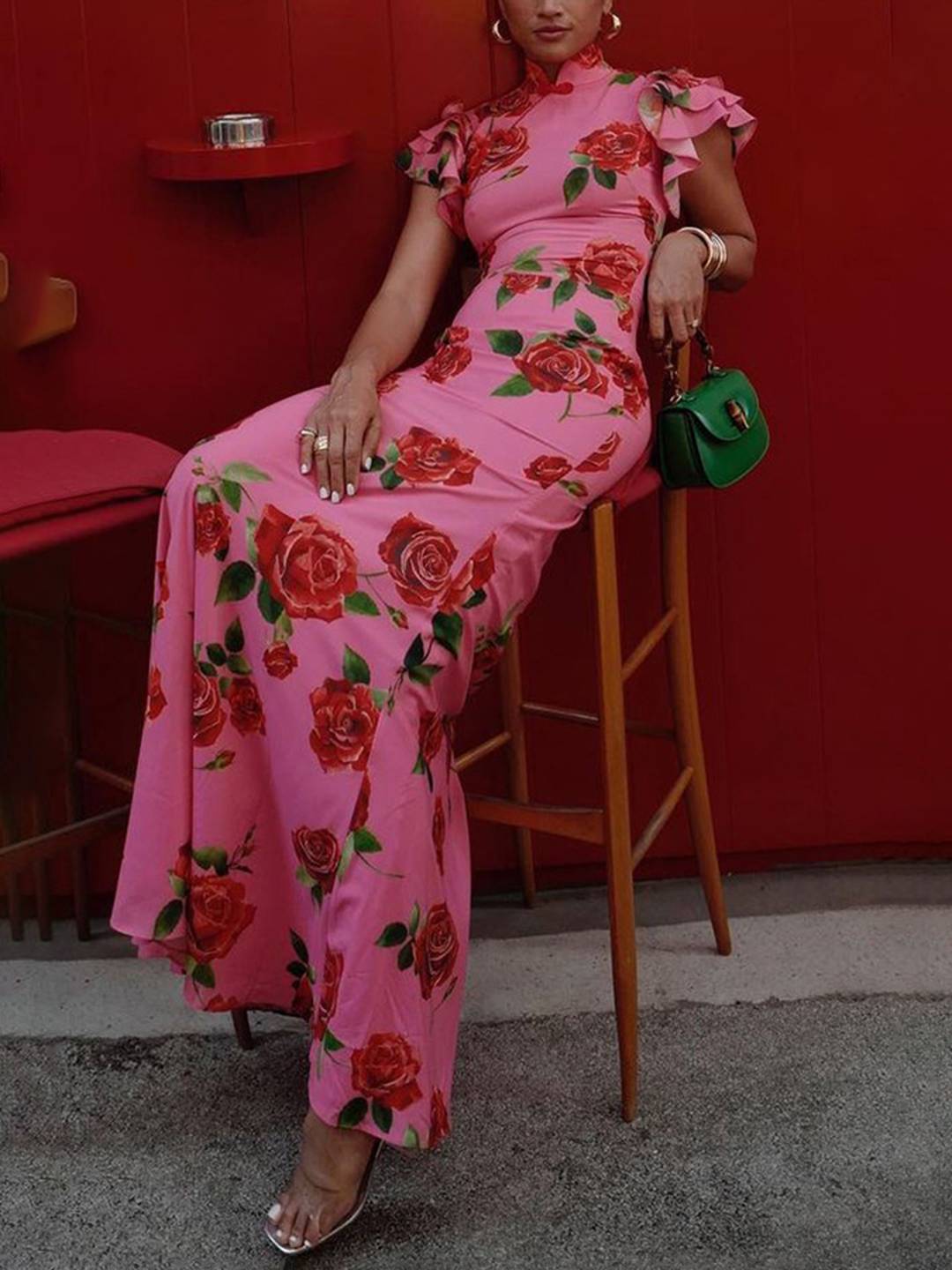 Abito da sera da donna Thalia - Elegante abito lungo floreale con volant, colletto alla coreana e bottoni