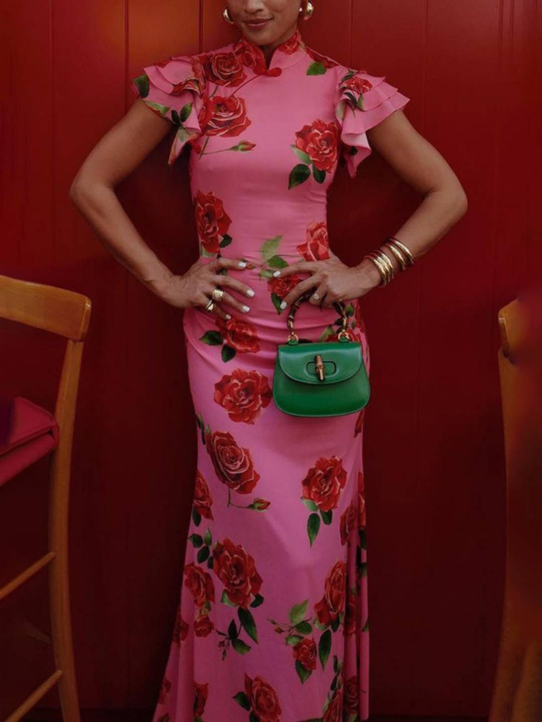 Abito da sera da donna Thalia - Elegante abito lungo floreale con volant, colletto alla coreana e bottoni