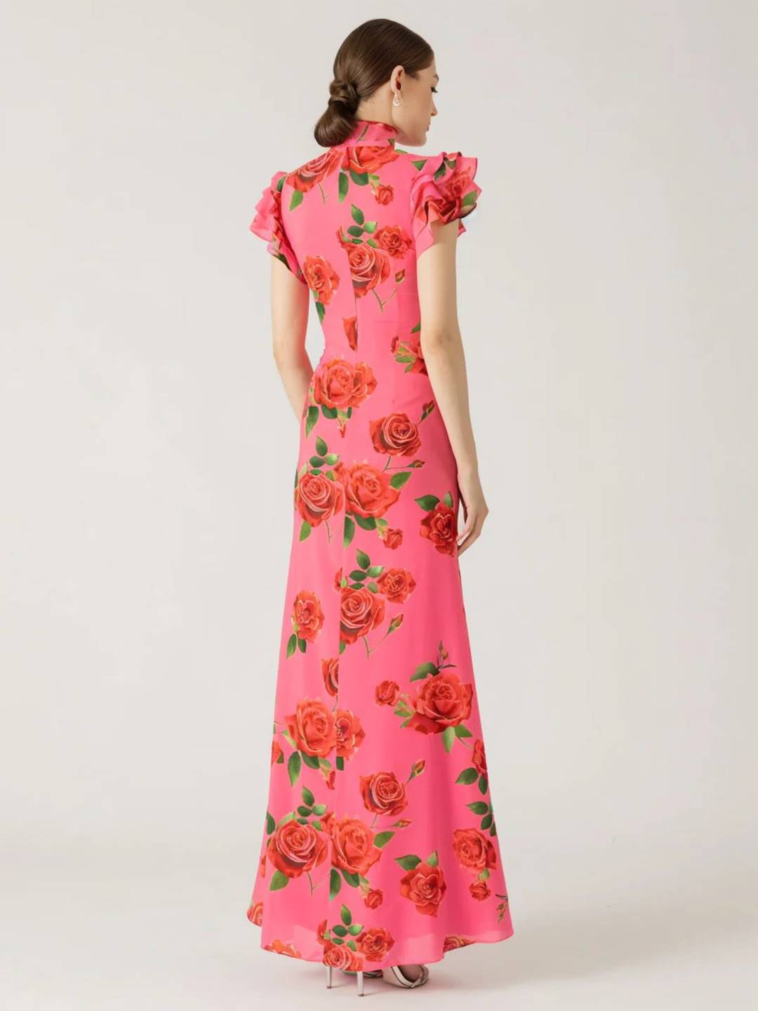 Abito da sera da donna Thalia - Elegante abito lungo floreale con volant, colletto alla coreana e bottoni