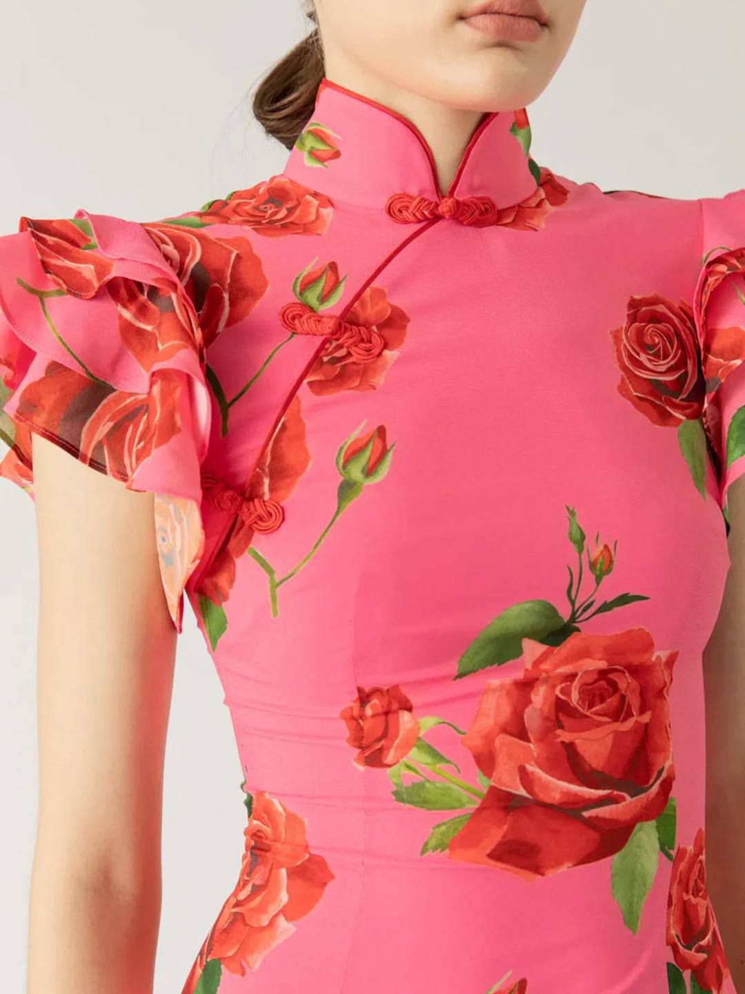 Abito da sera da donna Thalia - Elegante abito lungo floreale con volant, colletto alla coreana e bottoni