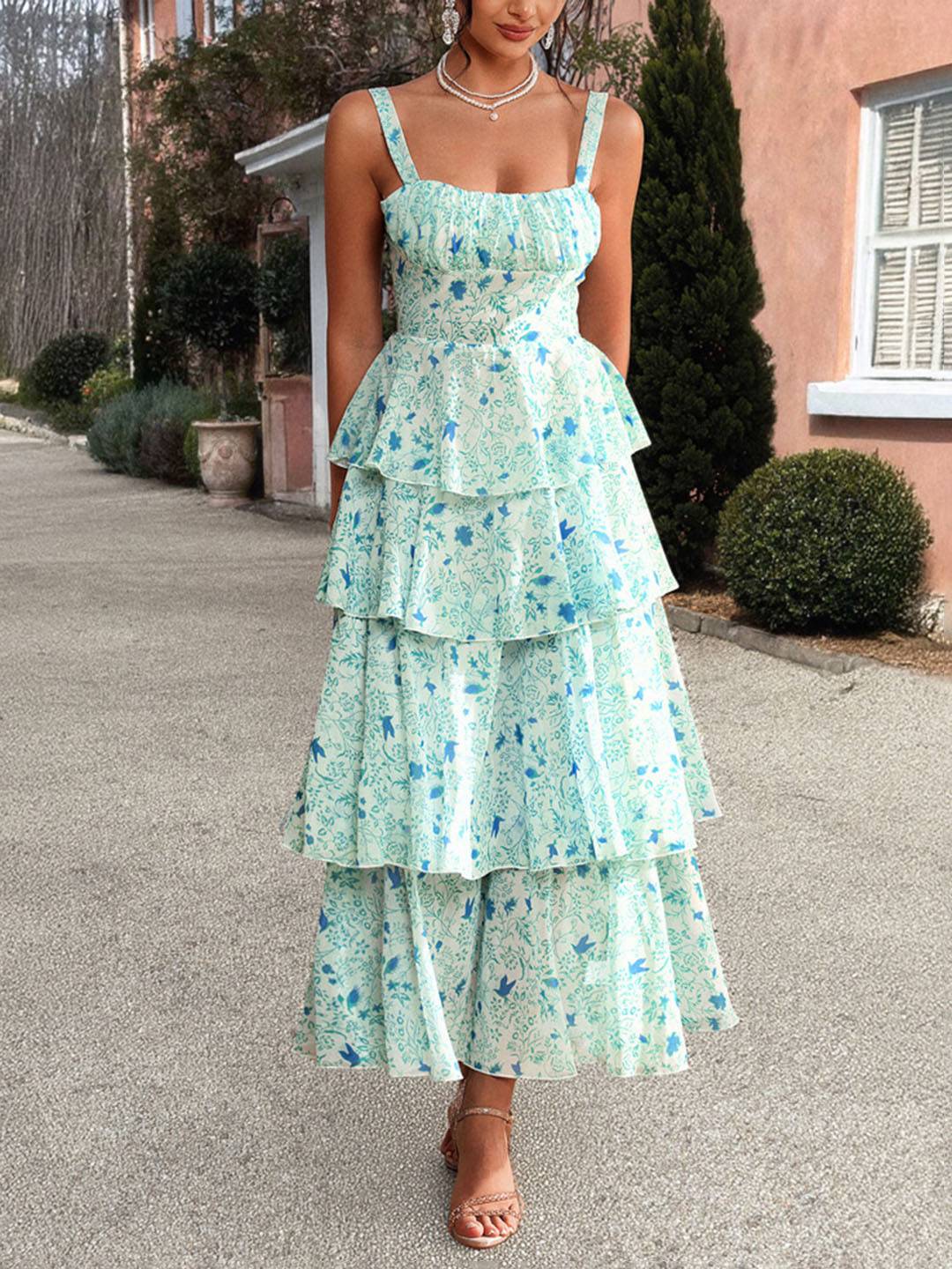 Abito estivo da donna Valentina – Abito lungo in chiffon floreale con volant e spalline sottili