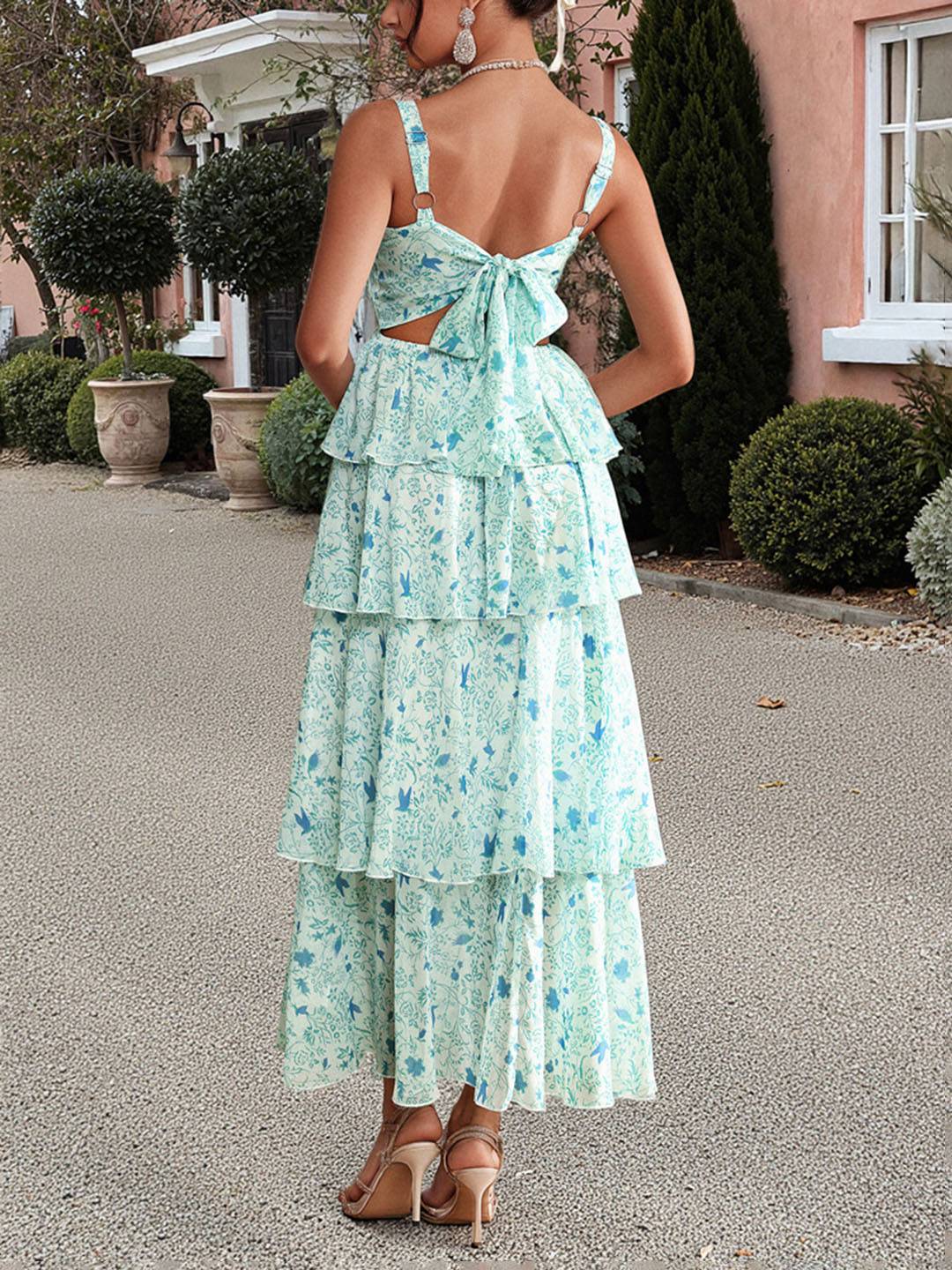 Abito estivo da donna Valentina – Abito lungo in chiffon floreale con volant e spalline sottili