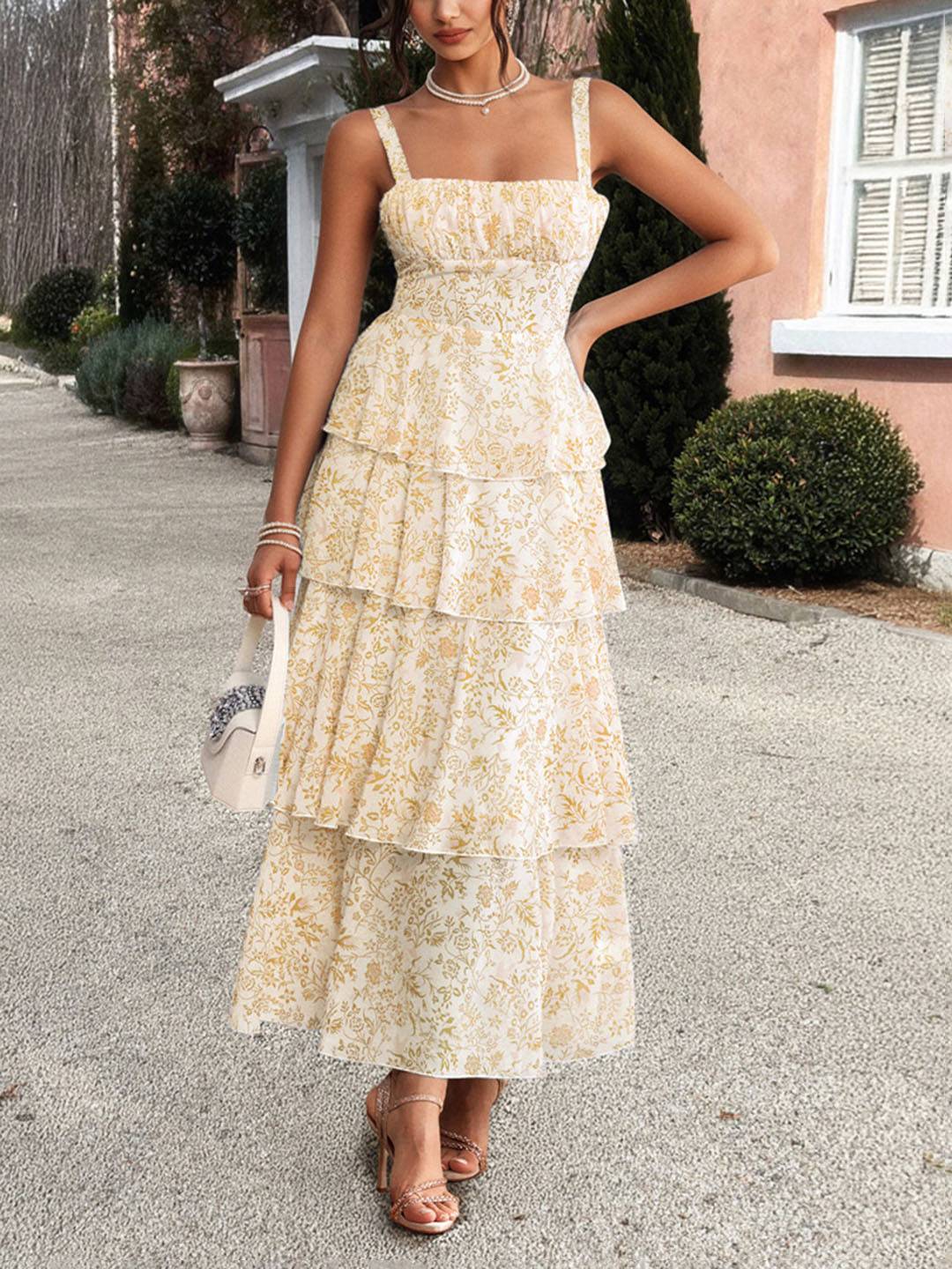 Abito estivo da donna Valentina – Abito lungo in chiffon floreale con volant e spalline sottili