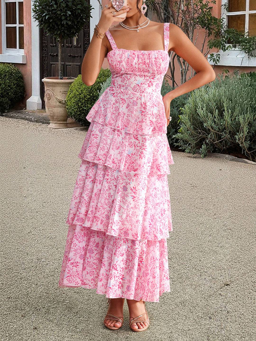 Abito estivo da donna Valentina – Abito lungo in chiffon floreale con volant e spalline sottili