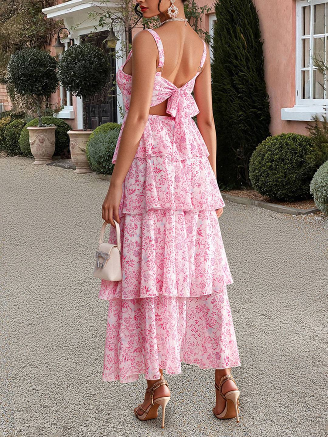 Abito estivo da donna Valentina – Abito lungo in chiffon floreale con volant e spalline sottili