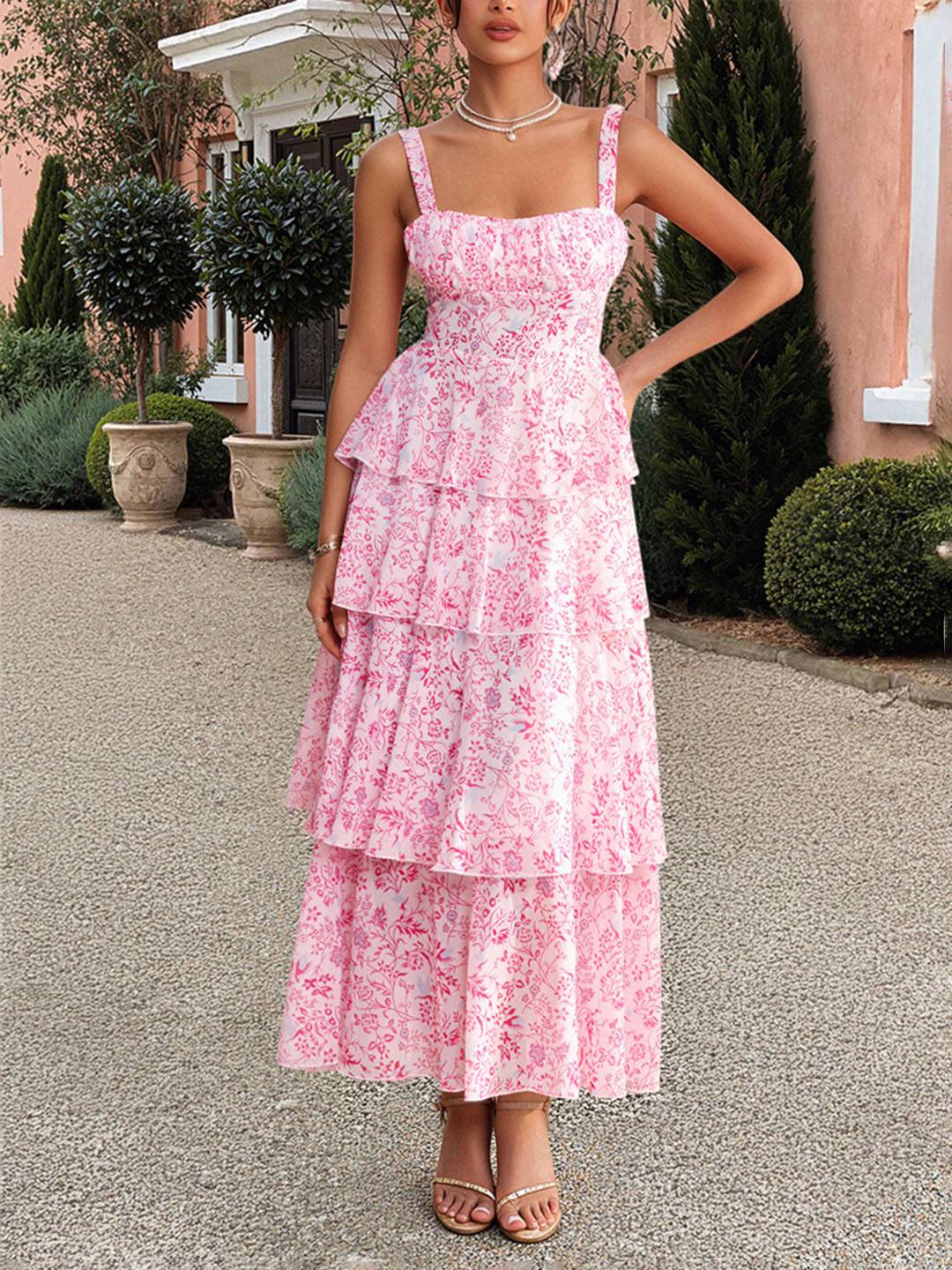 Abito estivo da donna Valentina – Abito lungo in chiffon floreale con volant e spalline sottili