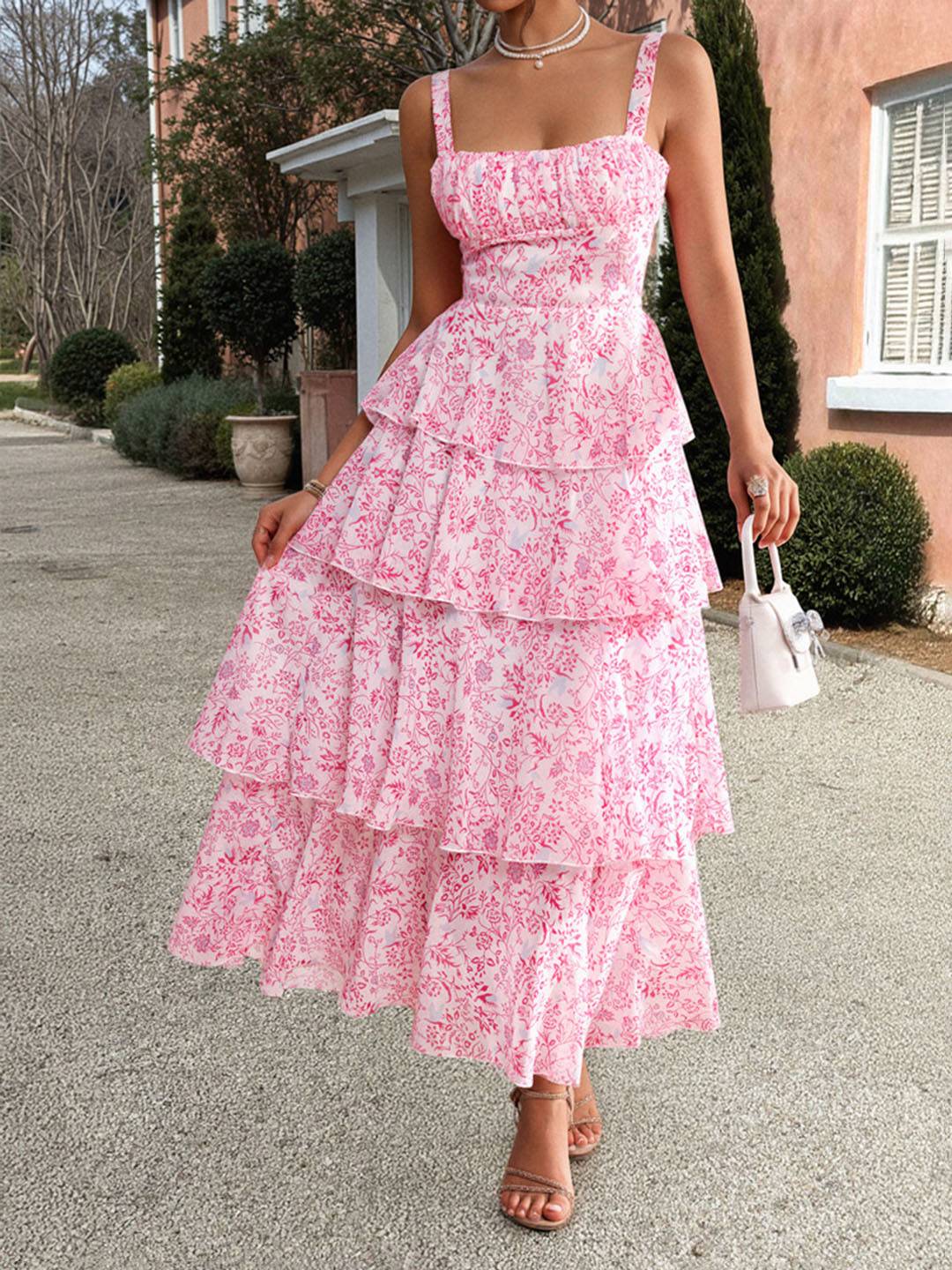 Abito estivo da donna Valentina – Abito lungo in chiffon floreale con volant e spalline sottili