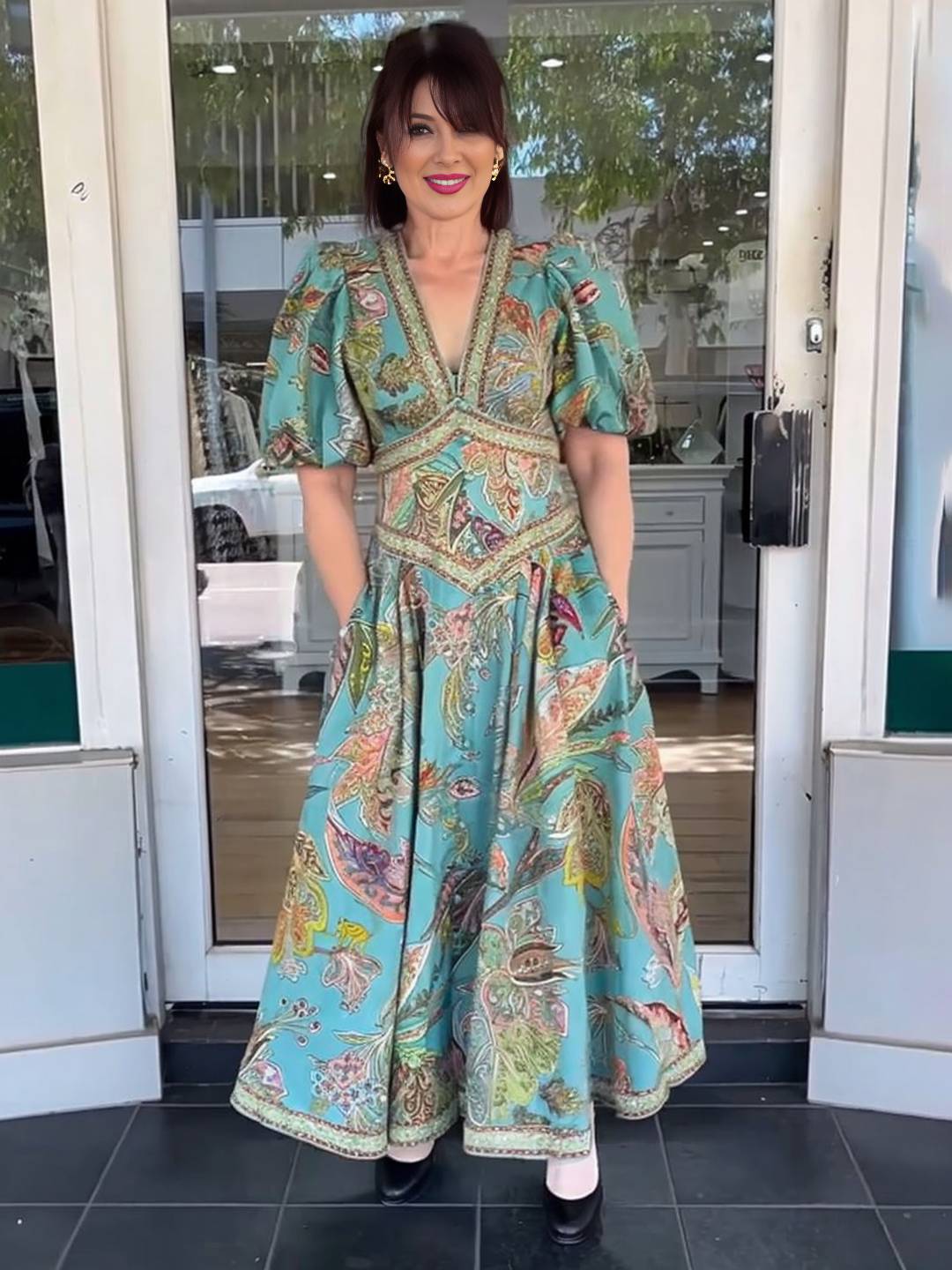 Abito lungo da donna Scarlett - Elegante abito floreale con scollo a V e maniche corte per feste e cerimonie