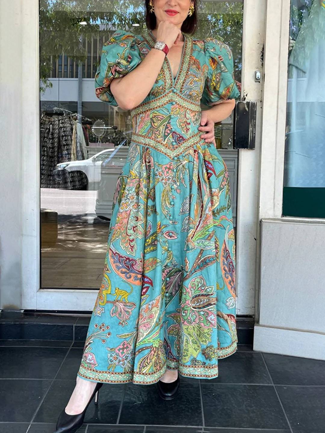 Abito lungo da donna Scarlett - Elegante abito floreale con scollo a V e maniche corte per feste e cerimonie