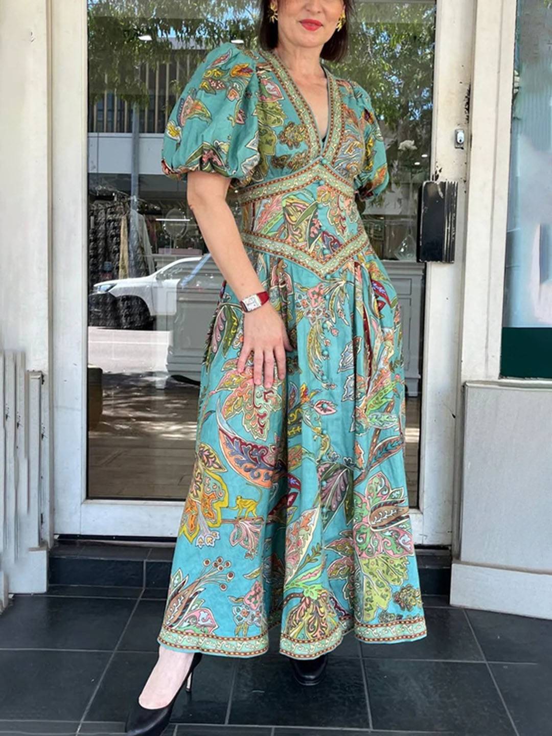 Abito lungo da donna Scarlett - Elegante abito floreale con scollo a V e maniche corte per feste e cerimonie