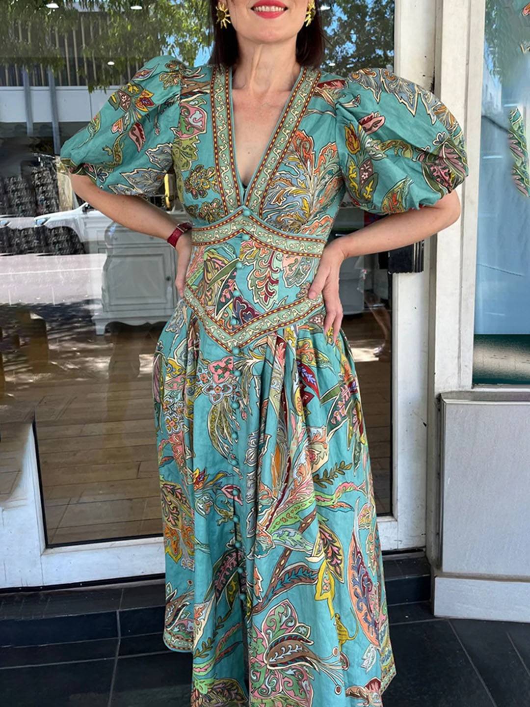 Abito lungo da donna Scarlett - Elegante abito floreale con scollo a V e maniche corte per feste e cerimonie