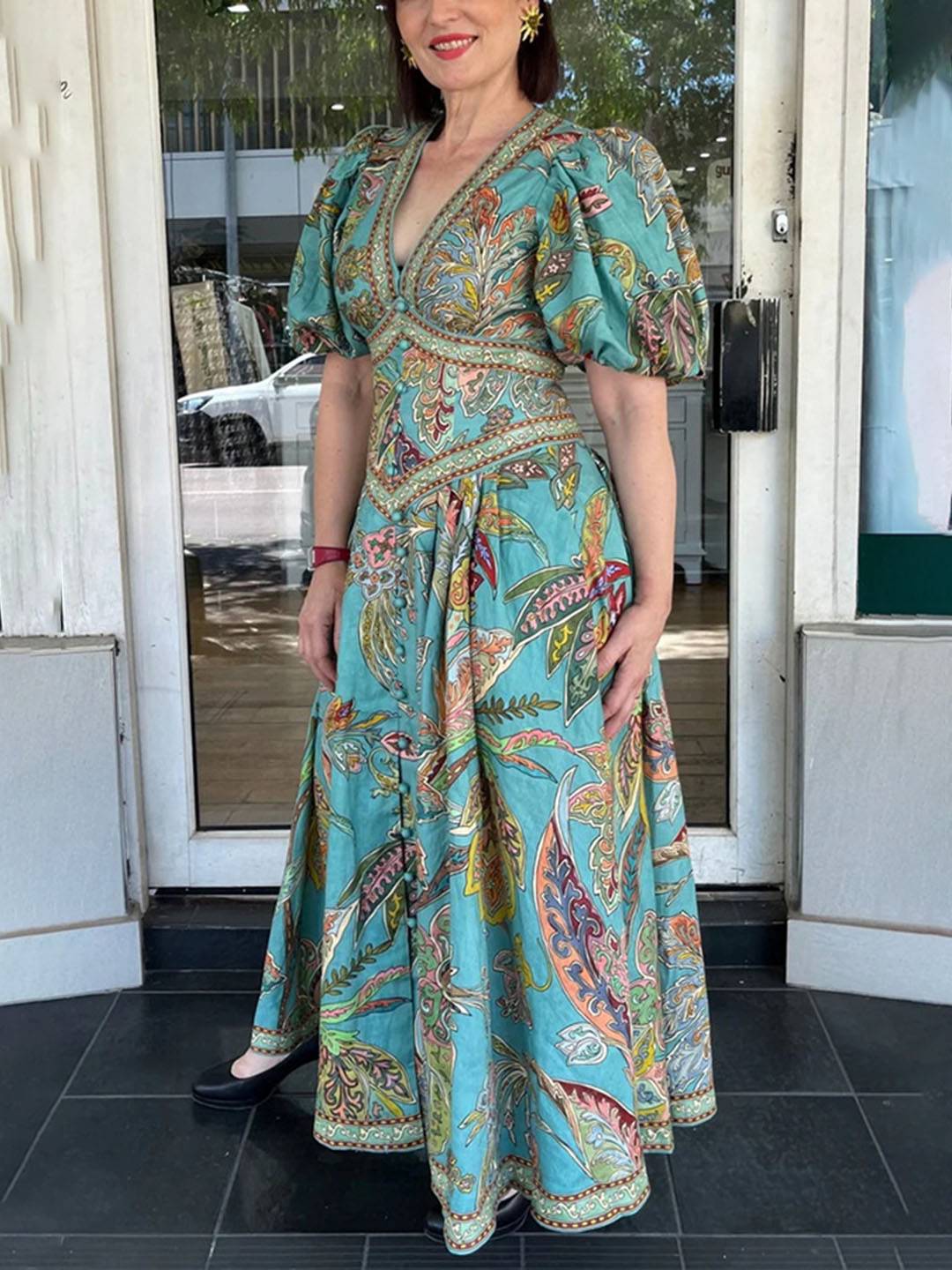 Abito lungo da donna Scarlett - Elegante abito floreale con scollo a V e maniche corte per feste e cerimonie
