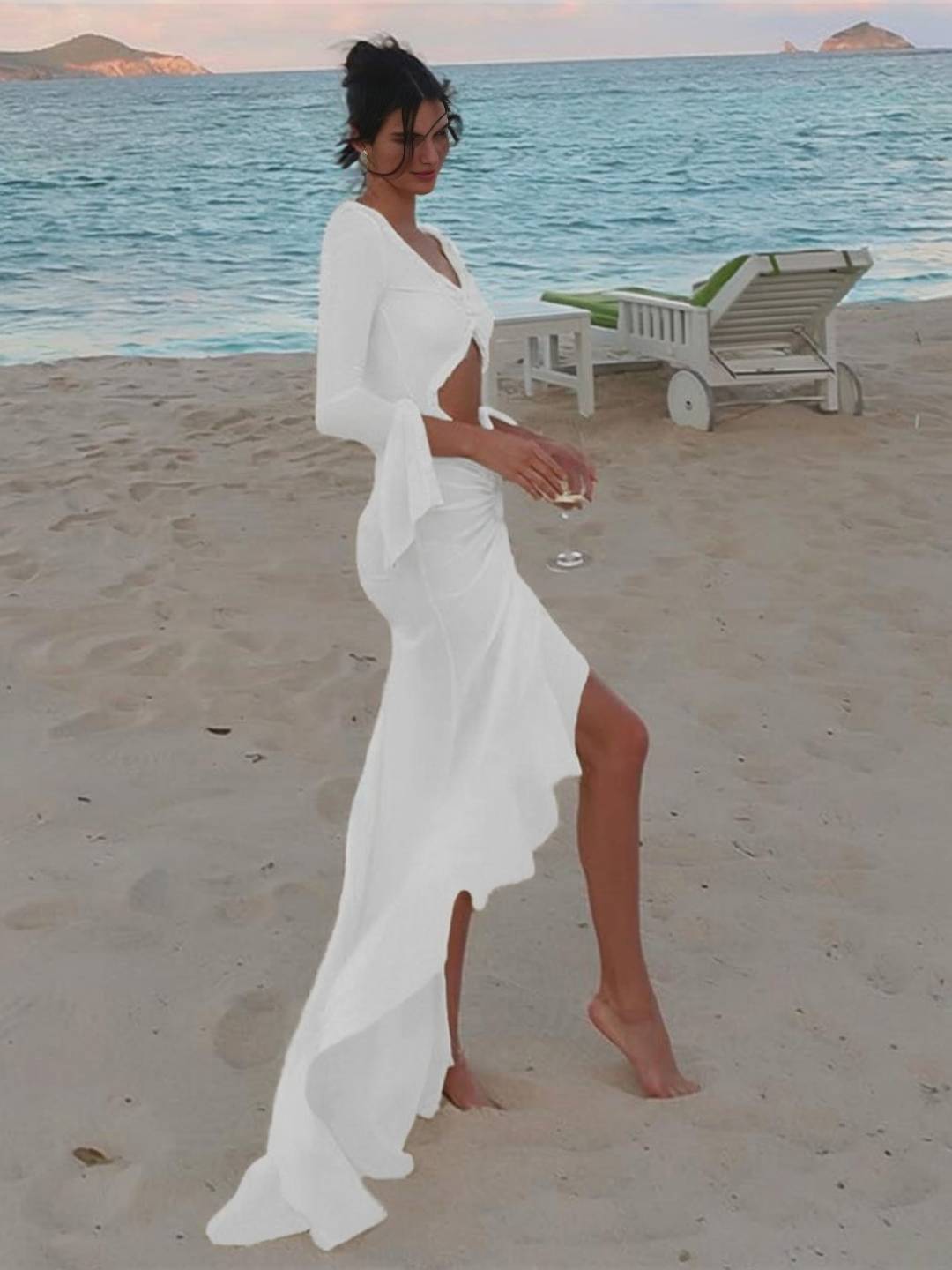 Abito da spiaggia da donna Kayliegh - Abito lungo aderente con scollo a V, spacco e maniche divise Boho