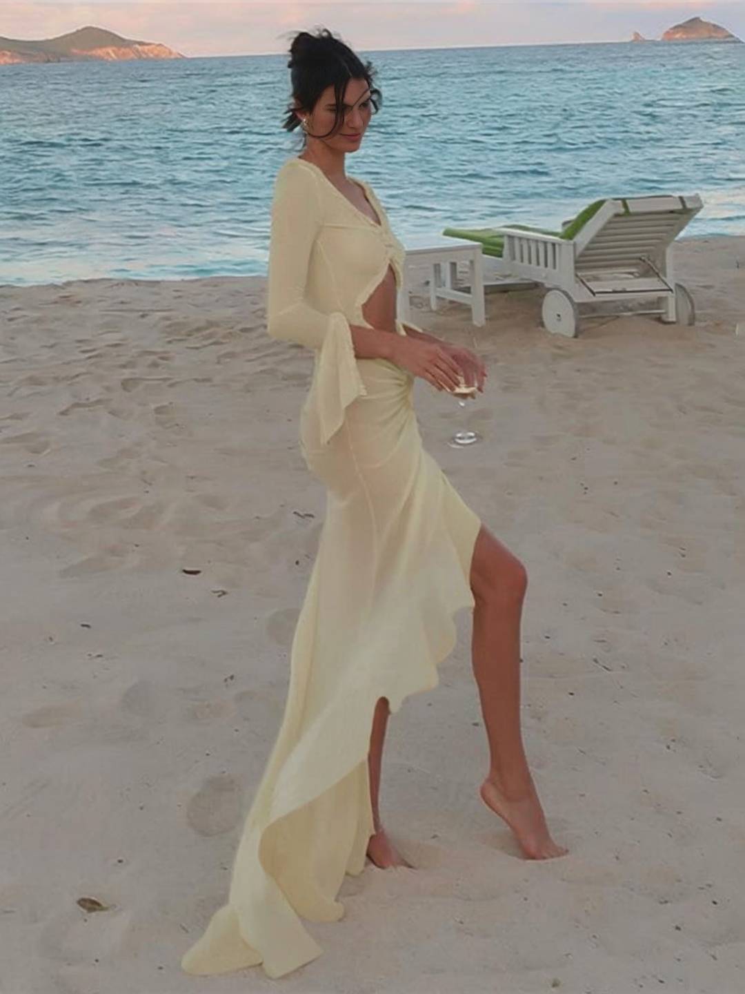 Abito da spiaggia da donna Kayliegh - Abito lungo aderente con scollo a V, spacco e maniche divise Boho