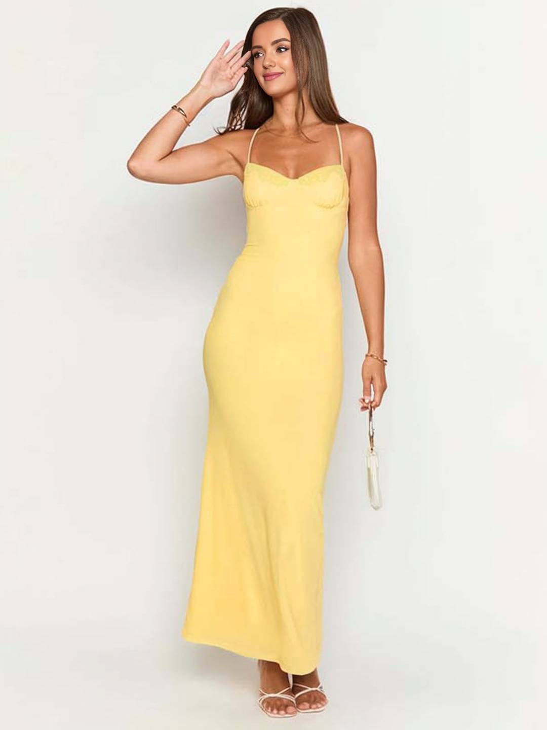 Abito da sera da donna Shami - Abito lungo aderente con scollo a V e schiena scoperta per spiaggia o gala