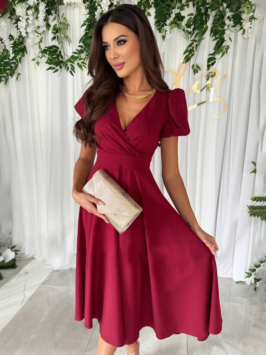 Abito da donna Julie - Elegante abito da damigella con scollo a V, maniche corte a sbuffo e vestibilità fluida
