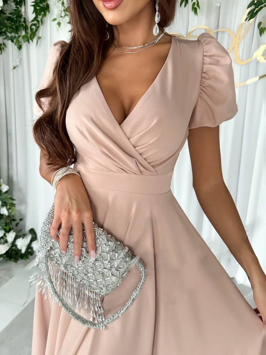 Abito da donna Julie - Elegante abito da damigella con scollo a V, maniche corte a sbuffo e vestibilità fluida