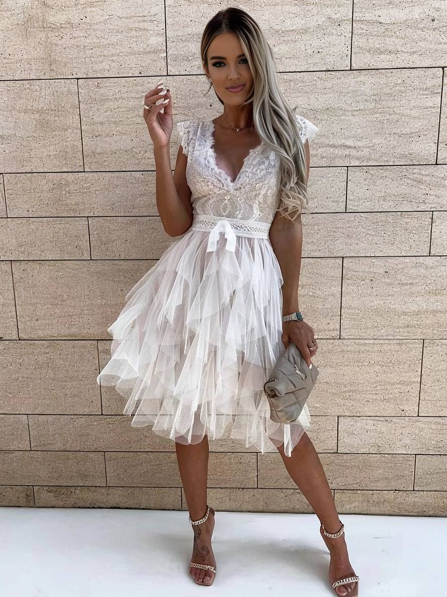 Abito da cocktail da donna Wendy - Abito corto in tulle senza maniche con scollo a V e schiena scoperta