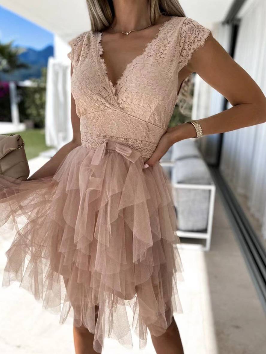 Abito da cocktail da donna Wendy - Abito corto in tulle senza maniche con scollo a V e schiena scoperta