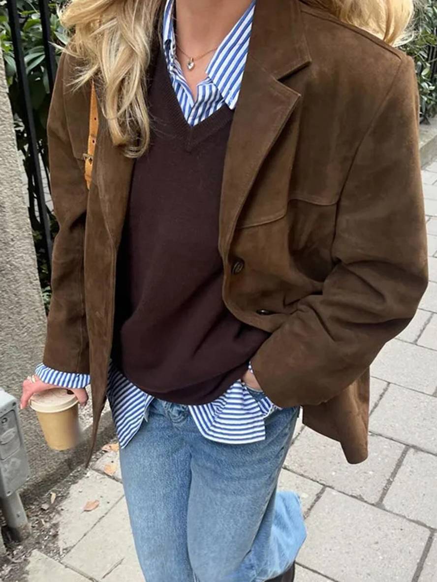 Chelsey Veste Femme en Suède Vintage – Coupe Ample, Élégante & Pratique avec Poches