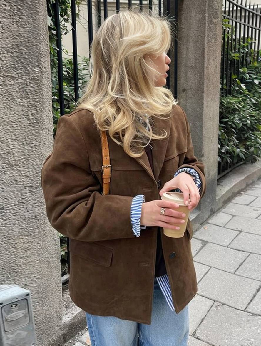 Chelsey Veste Femme en Suède Vintage – Coupe Ample, Élégante & Pratique avec Poches