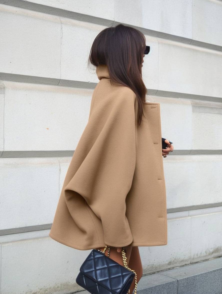 Lea Manteau Femme – Mi-Long en Laine, Élégant à Col Revers avec Poches & Manches Chauve-Souris