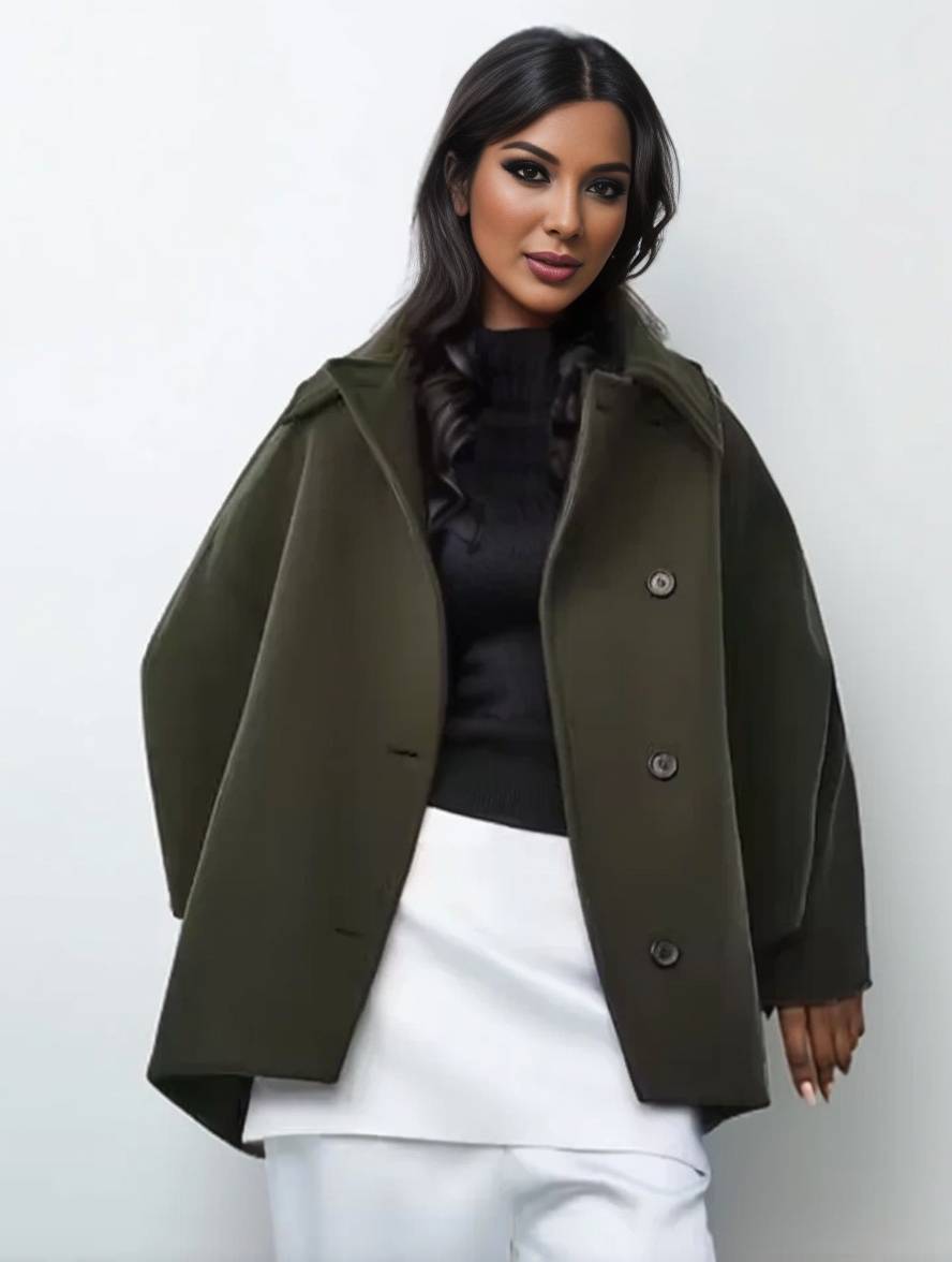 Lea Manteau Femme – Mi-Long en Laine, Élégant à Col Revers avec Poches & Manches Chauve-Souris