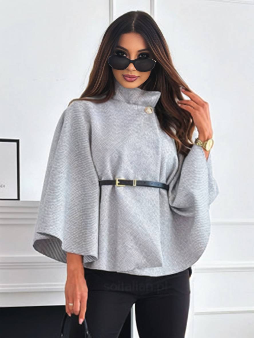 Poncho da donna Judith - Elegante cappotto corto con bottoni, cintura e maniche a pipistrello