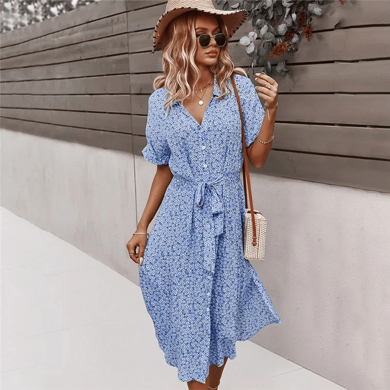 Abito midi Calla Looksy – Cintura annodata e leggera stampa floreale estiva