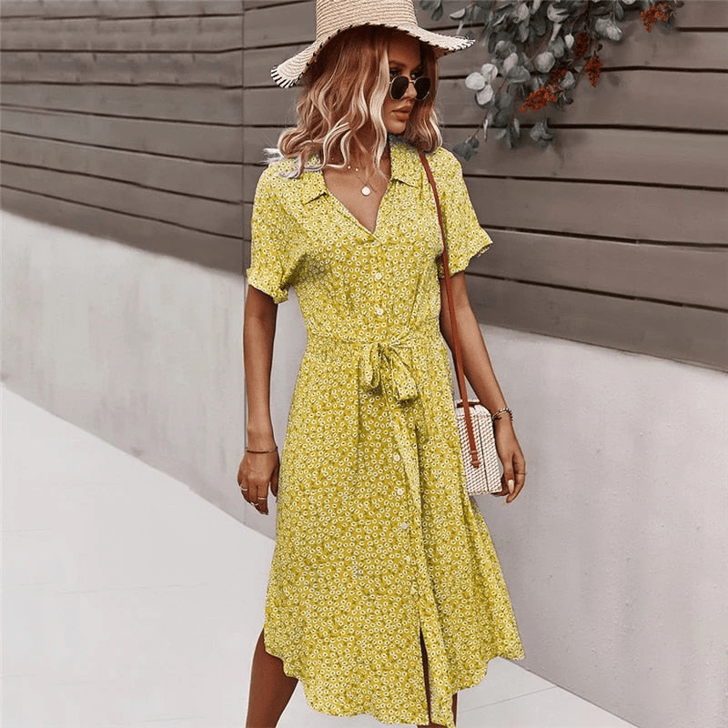 Abito midi Calla Looksy – Cintura annodata e leggera stampa floreale estiva