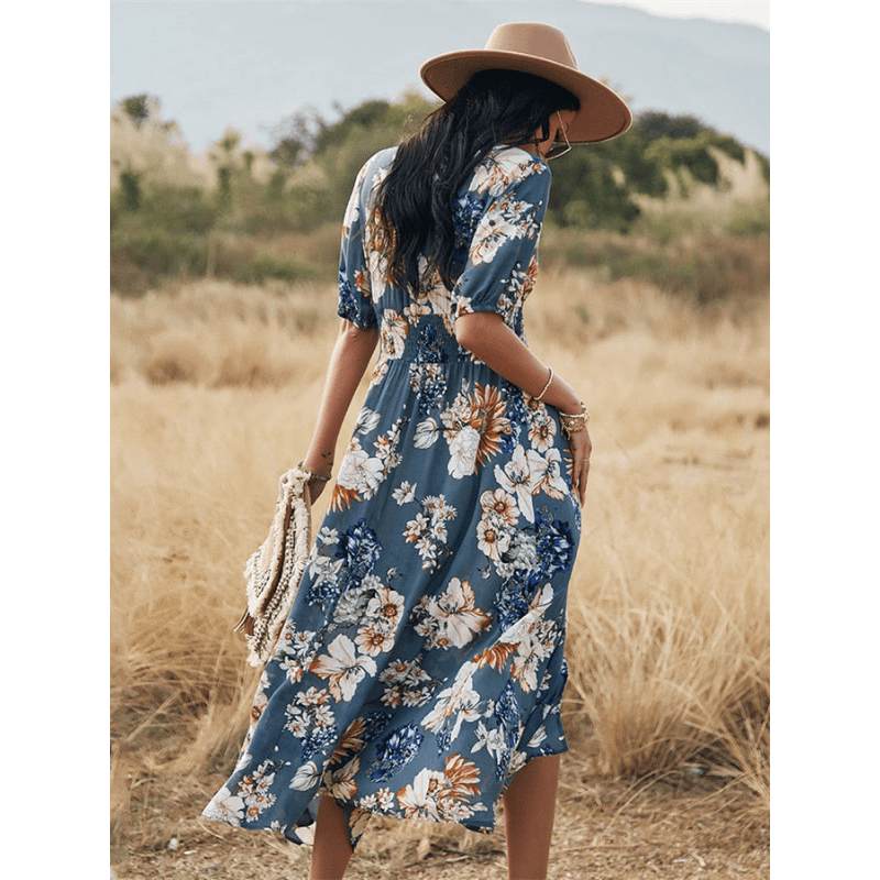 Abito lungo Cesia Looksy – Elegante scollo a V e leggera stampa floreale estiva