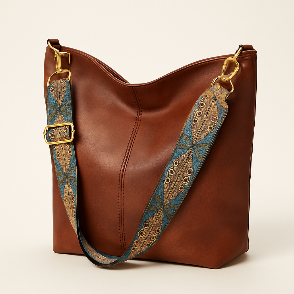 Caroline Sac Seau Femme – Cuir Vegan Lisse avec Bandoulière Brodée & Style Bohème Chic