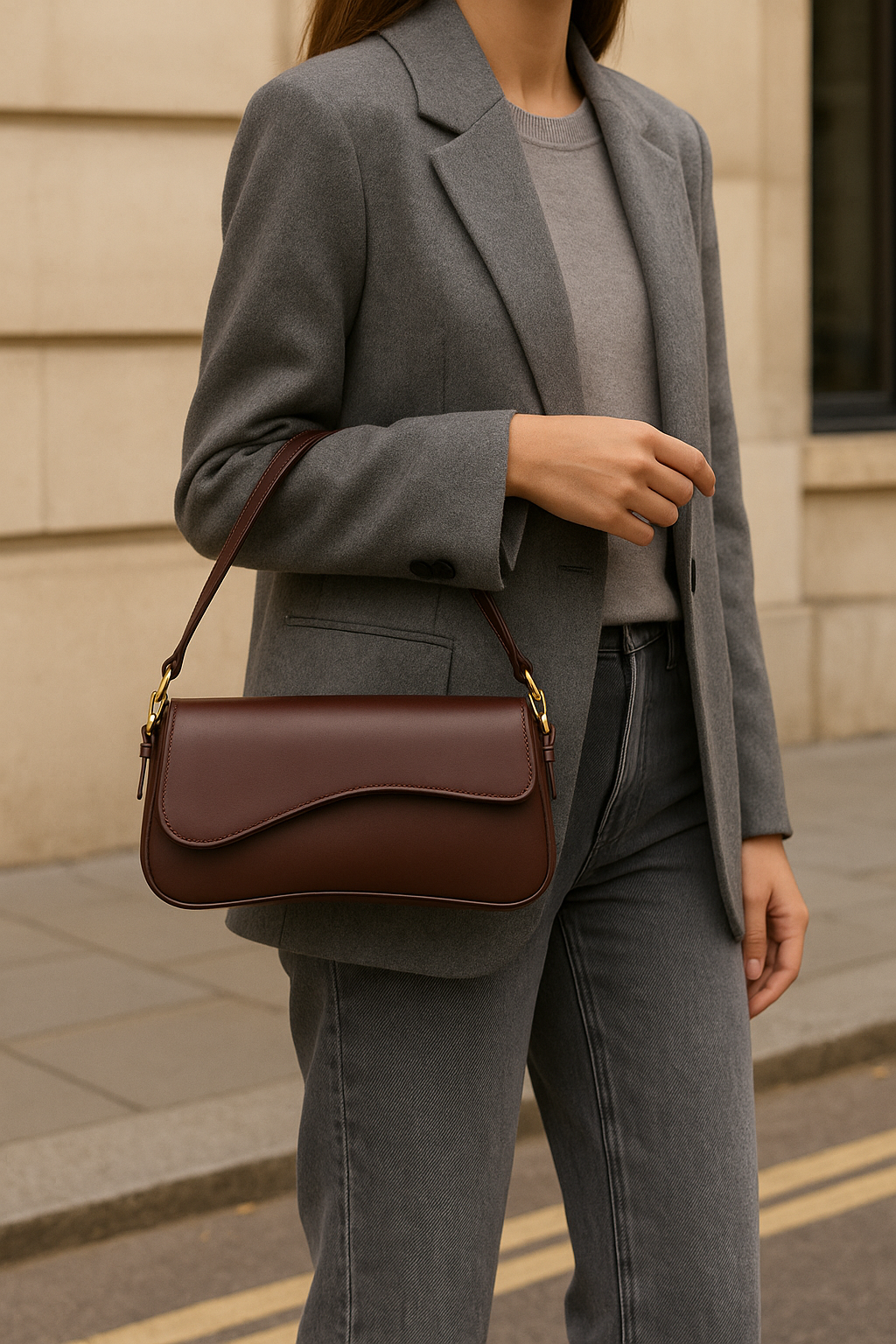 Hadley Sac Baguette Femme – Cuir Vegan Lisse avec Silhouette Asymétrique & Détails Dorés Élégants