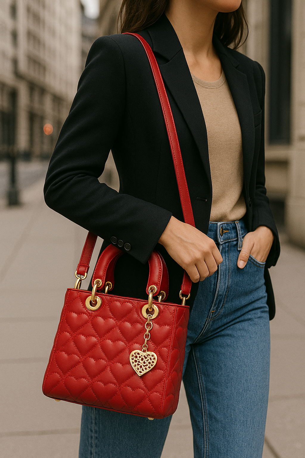 Raelynn Sac à Main Femme – Mini Cabas Matelassé en Similicuir Verni avec Motif Cœurs & Charm Doré