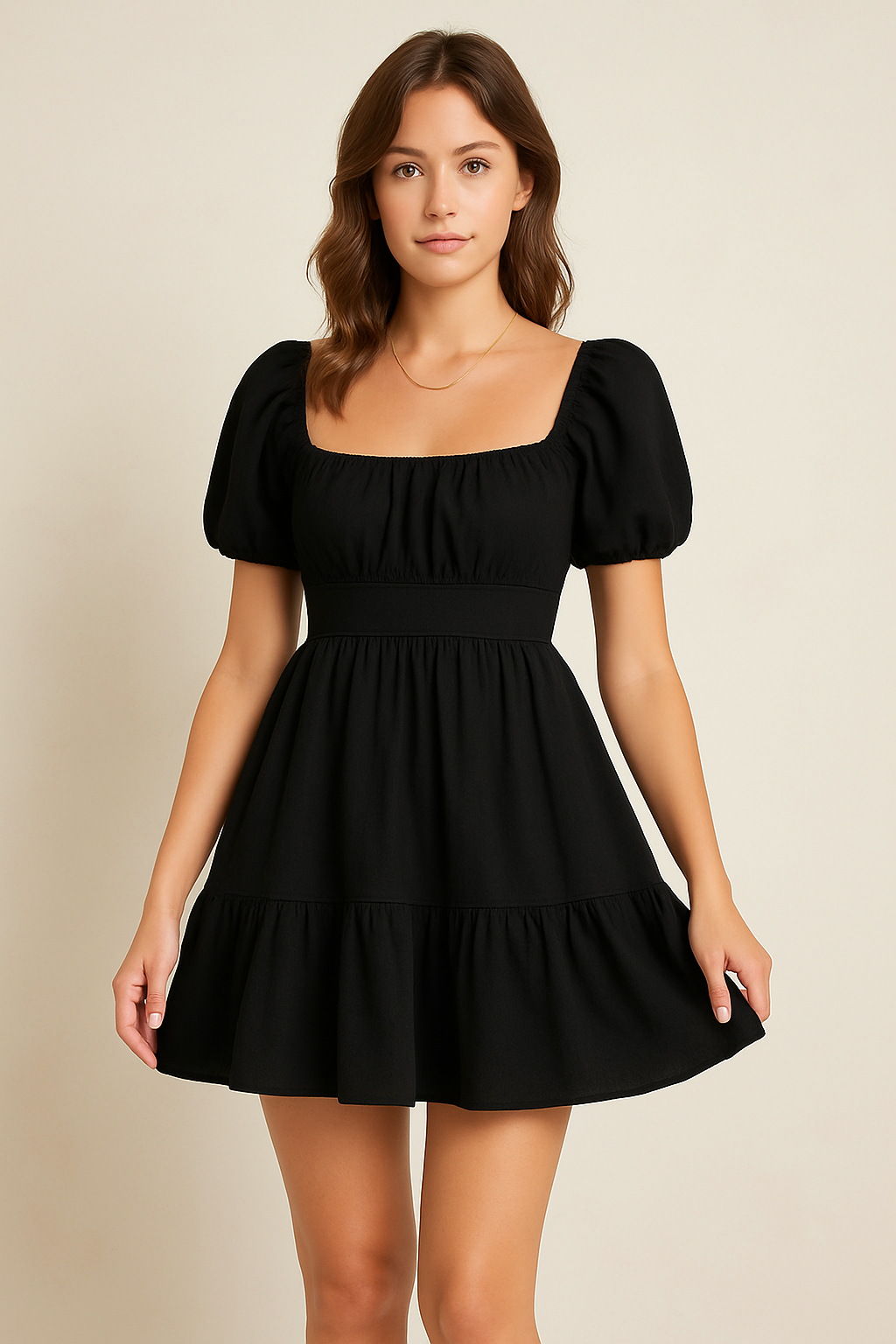 Abito corto da donna Gail – Scollo quadrato, maniche a sbuffo e gonna svasata con volant