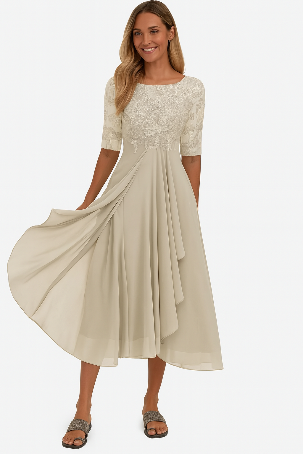Abito elegante da donna Vera - Abito in pizzo e chiffon, a trapezio, maniche midi e corte