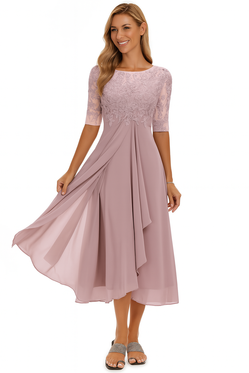 Abito elegante da donna Vera - Abito in pizzo e chiffon, a trapezio, maniche midi e corte