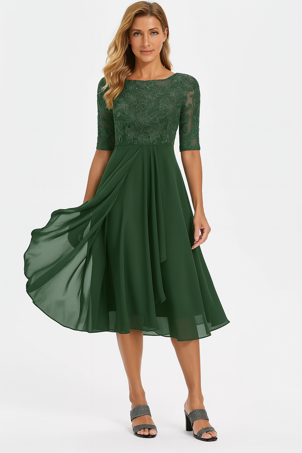 Abito elegante da donna Vera - Abito in pizzo e chiffon, a trapezio, maniche midi e corte