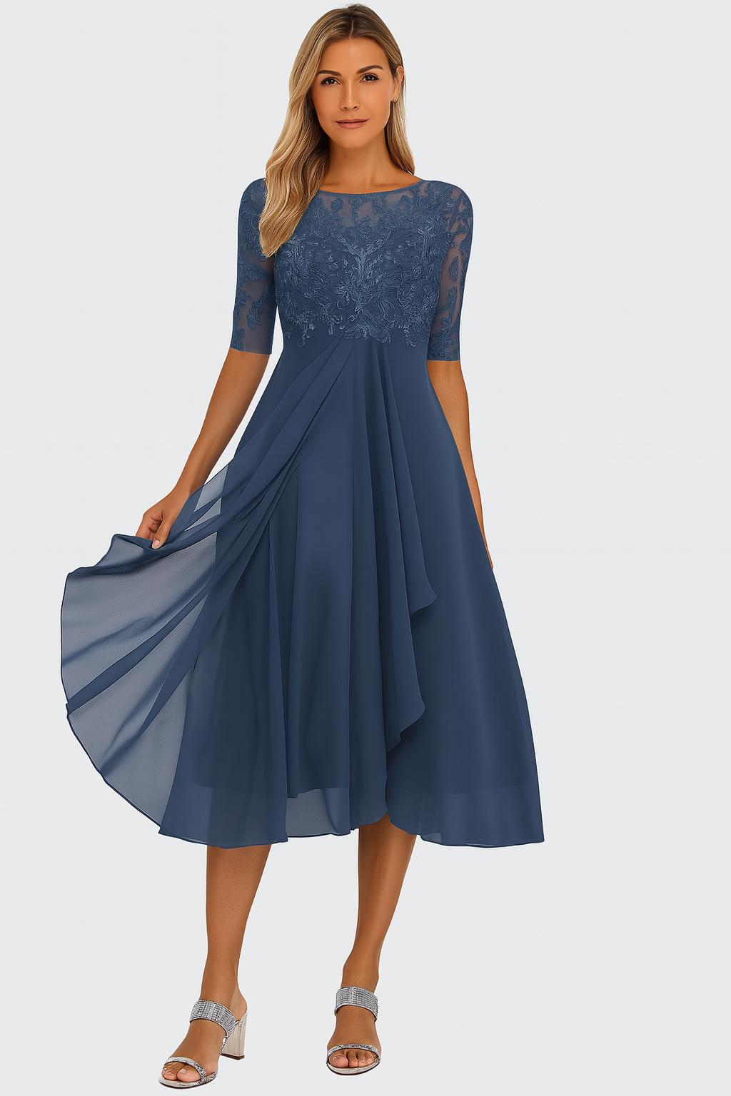Abito elegante da donna Vera - Abito in pizzo e chiffon, a trapezio, maniche midi e corte