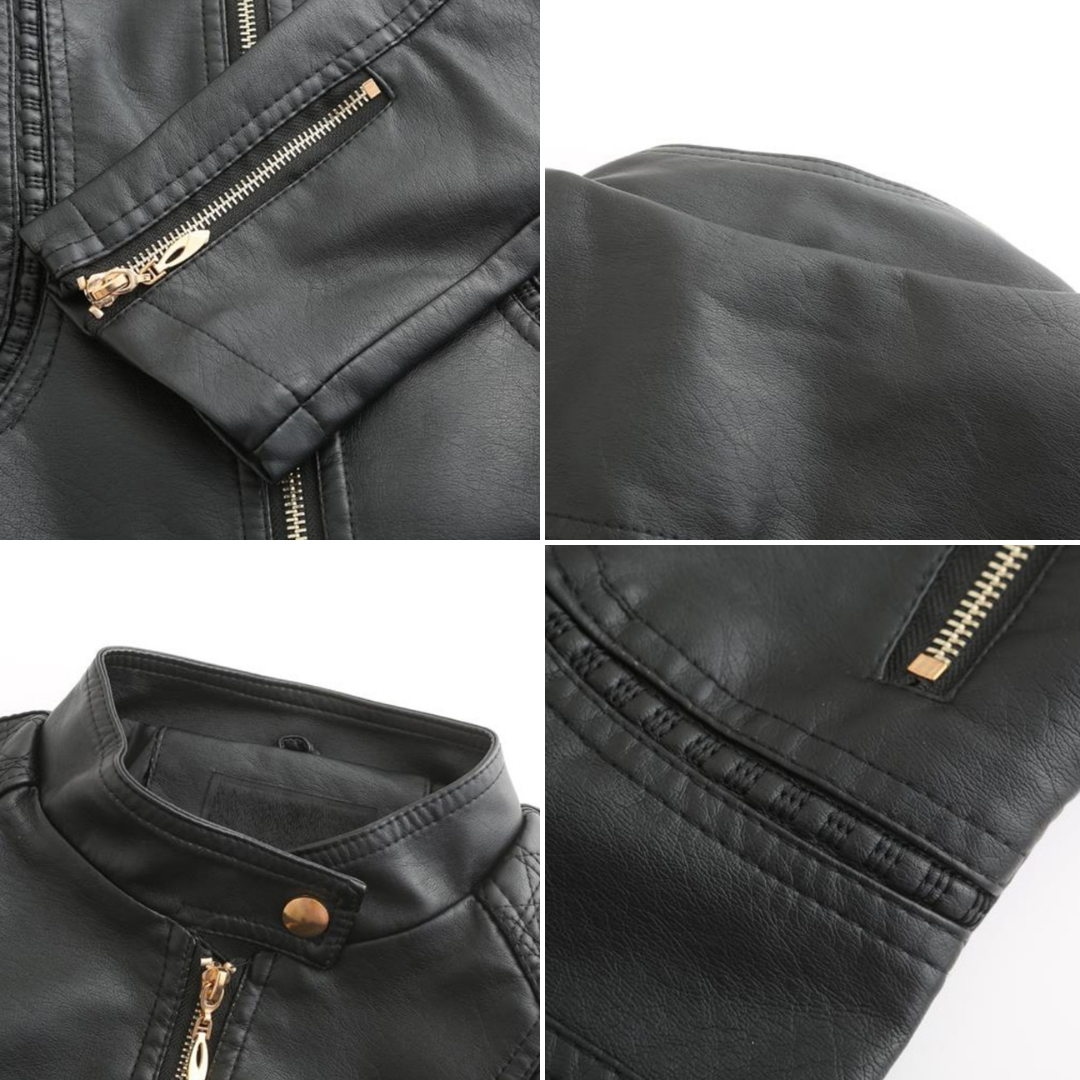 Janiyah Veste Femme en Cuir – Col Montant Chic, Fermetures Éclair & Style Moderne Élégant